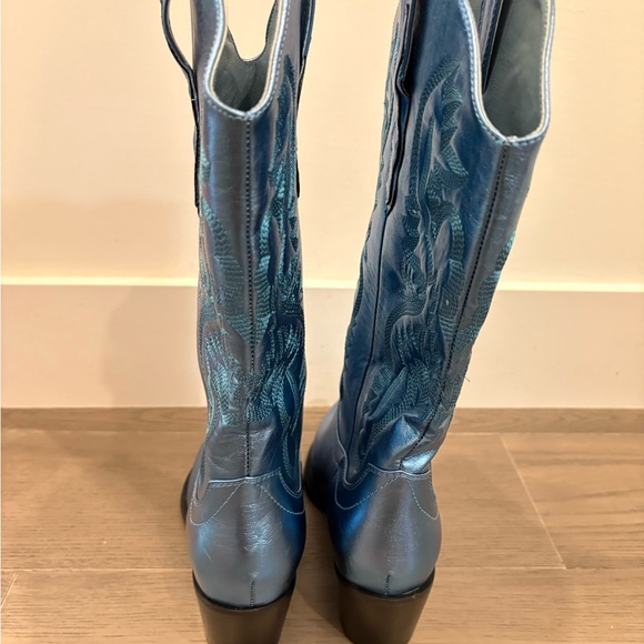 Blue Metallic Cowgirl Western Cowboy Chunky Heeled Boots Size 9 - Picture 9 of 12